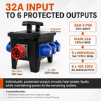 32A 5 Pin 415V Distribution Box, 6 x 16A 230V IP44 Industrial Site Power Box with Individual 16A MCB Protection & Main 32A 3 Pole MCB, IEC 60309 Portable Distribution Unit