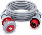 3 Phase Extension Lead - 63A 5 Pin 3m 415V IP67 SY Steel Wire Braided Cable - Red CE Marked Industrial Connector - PAT Tested 