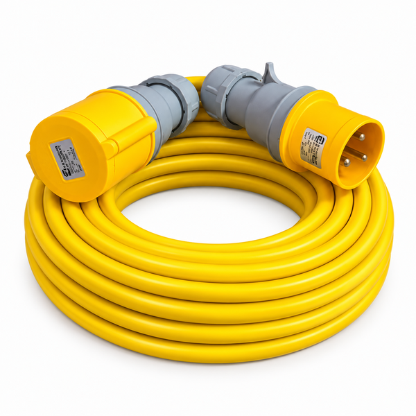 110V extension lead with yellow industrial plug and socket