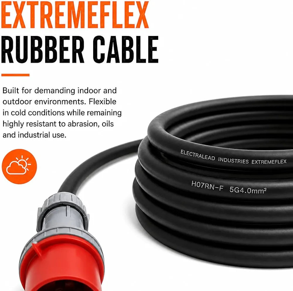 3 Phase Extension Lead - 32A 5-Pin 3m 415V IP44 H07RN-F Heavy Duty Rubber Cable - PAT tested 3 Metre