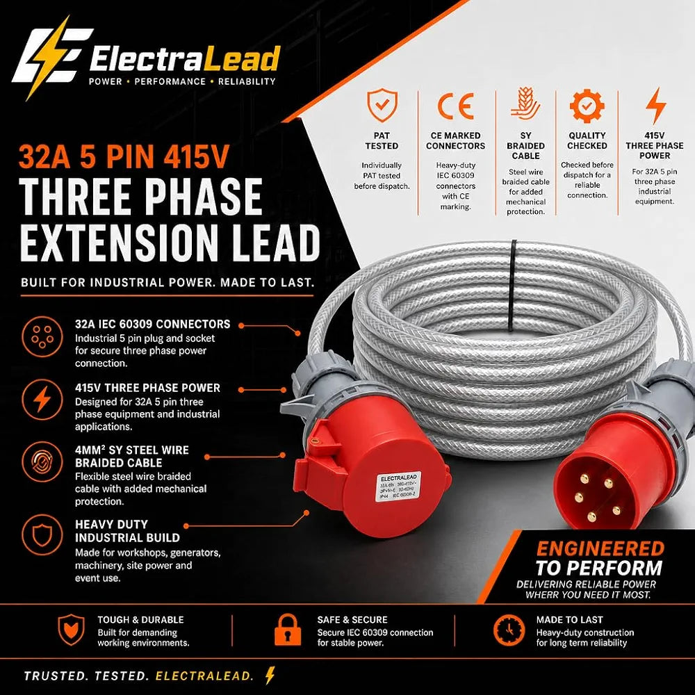 32A 5 Pin 3 Phase Extension Lead 3m – 415V Industrial Heavy Duty Steel Armoured Cable with Red CEE Plug & Socket – IP44 Site/Generator Power Lead – PAT Tested 