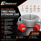 32A 5 Pin 3 Phase Extension Lead 3m – 415V Industrial Heavy Duty Steel Armoured Cable with Red CEE Plug & Socket – IP44 Site/Generator Power Lead – PAT Tested 