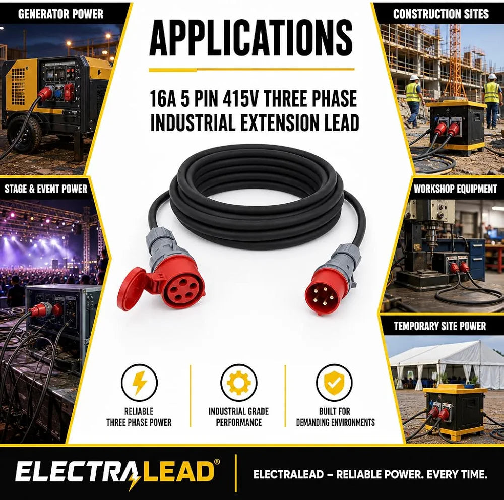 16A 5 Pin 415V 3m Red Industrial 3 Phase Extension Lead – 16 Amp, 5G2.5mm² H07RN-F Rubber Cable, IP44, CE Marked IEC 60309 Components 