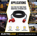 16A 5 Pin 415V 3m Red Industrial 3 Phase Extension Lead – 16 Amp, 5G2.5mm² H07RN-F Rubber Cable, IP44, CE Marked IEC 60309 Components 