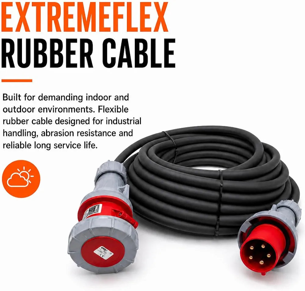 63 Amp 5 Pin 415V 3m Three Phase Extension Lead - CE Red - 16mm² Heavy Duty Industrial H07RN-F Rubber Cable 63A 3 Phase HO7 