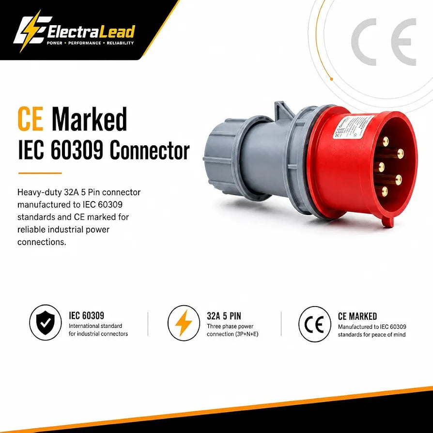 ElectraLead 32A 5 Pin to 32A & 16A 5 Pin Red 3 Phase Splitter Lead – 1m SY Steel Wire Braided Cable – 415V IEC 60309 IP44 – CE Marked Industrial Connectors – PAT Tested